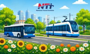 A bus and a light rail train driving down a road edge with spring flowers