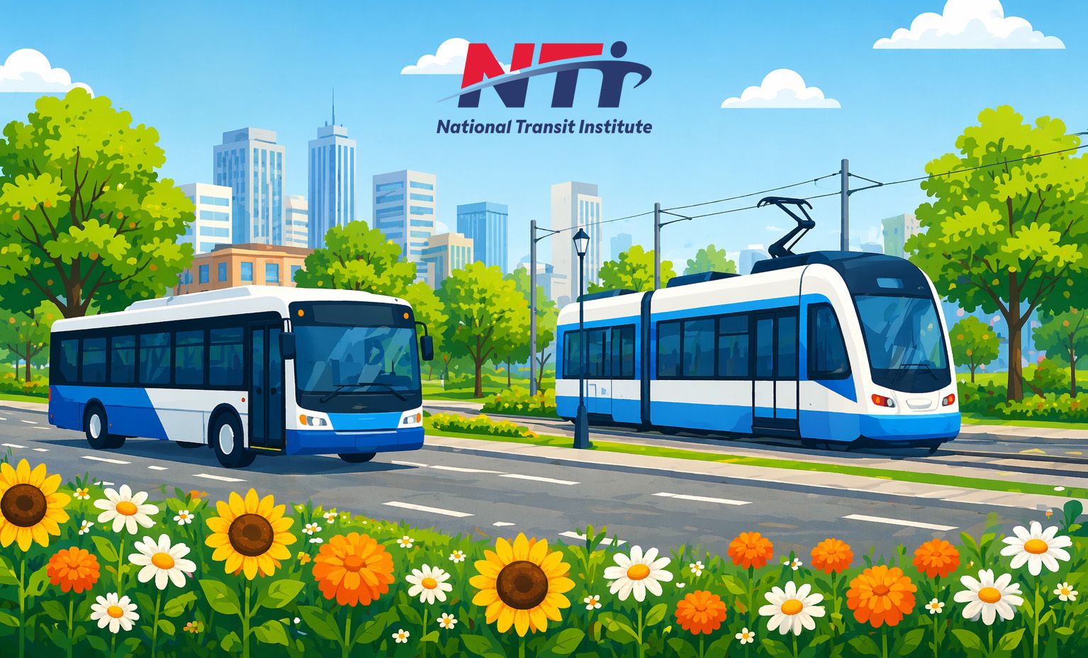 A bus and a light rail train driving down a road edge with spring flowers